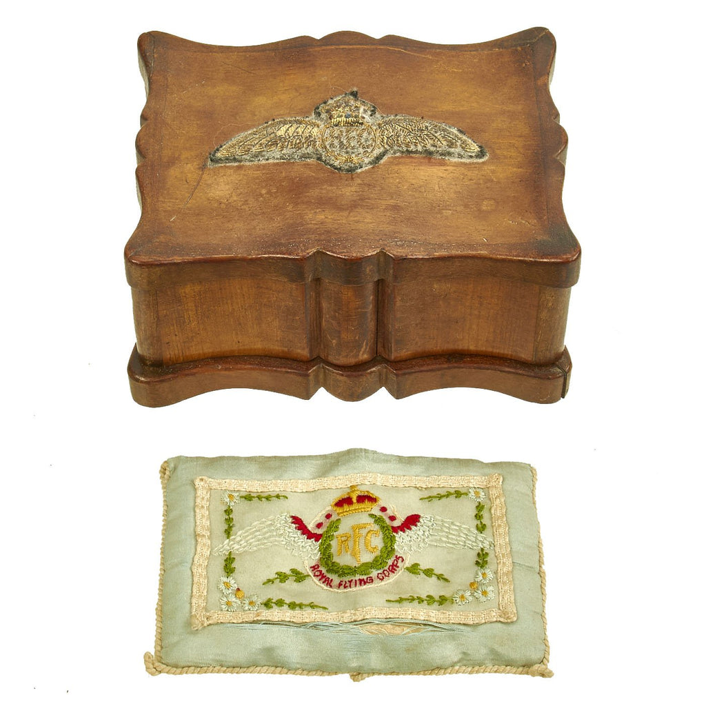 Original British WWI Royal Flying Corps Sweetheart Jewelry Box & Cloth Embroidered Wallet Original Items