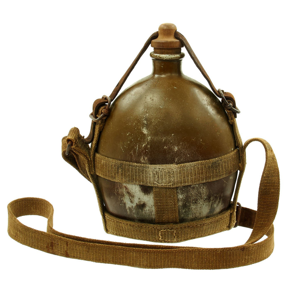 Original Japanese WWII Aluminum Canteen in Canvas Carrier with Model B Wood Stopper - dated 1942 Original Items