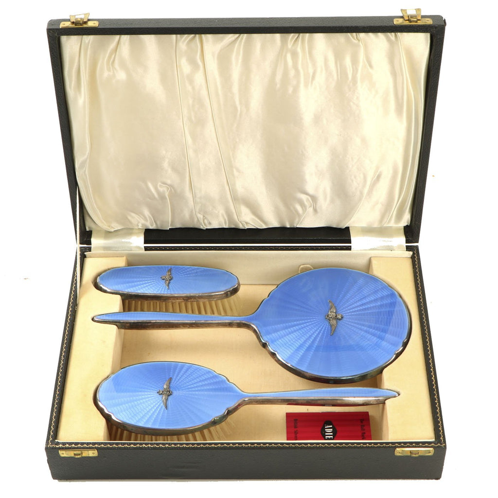 Original British 1950s Royal Air Force Silver and Guilloche Enamel RAF Sweetheart Brush and Mirror Set by Adie Brothers Original Items