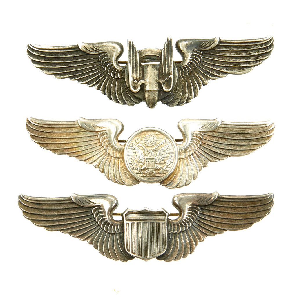 Original U.S. WWII Army Air Force USAAF Set of 3 Aviator "Bell Pattern" Wings - Sterling Silver Original Items