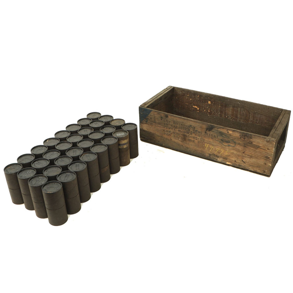 Original U.S. WWII Dated 32 Grenade Canisters in M10A1 Light Weight Service Mask Filter Transit Chest Original Items