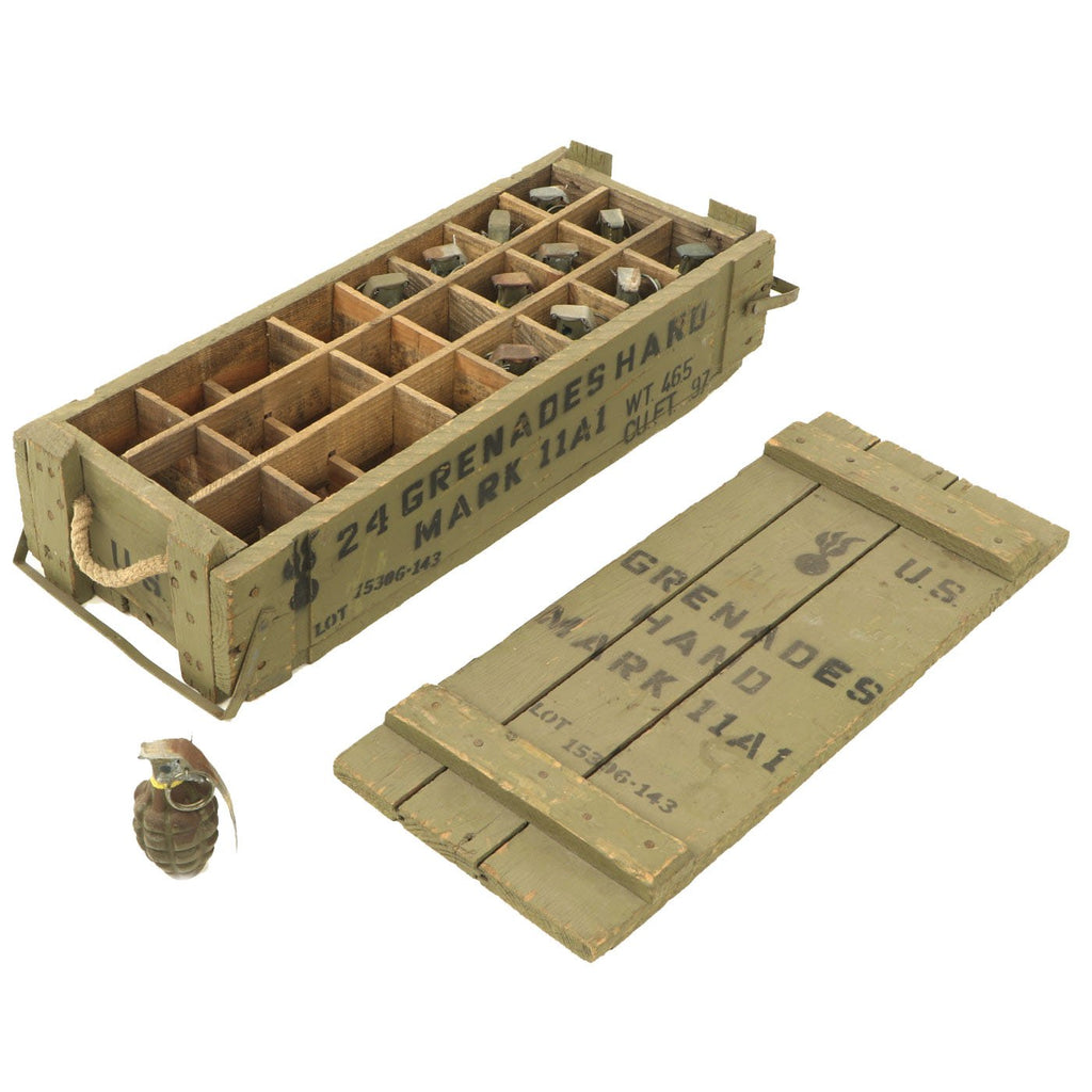 Original U.S. WWII Wood Transit Crate with 12 Dummy Mk 2 Grenades Original Items