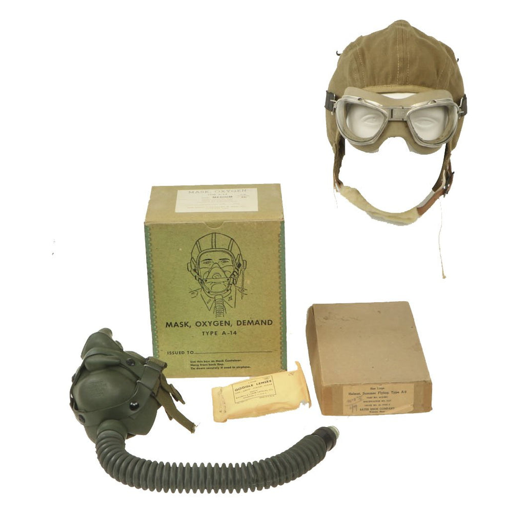 Original U.S. WWII Army Air Force Aviator Flight Helmet Set - Type A-9 Helmet, AN6530 Goggles & A-14 Mask Original Items