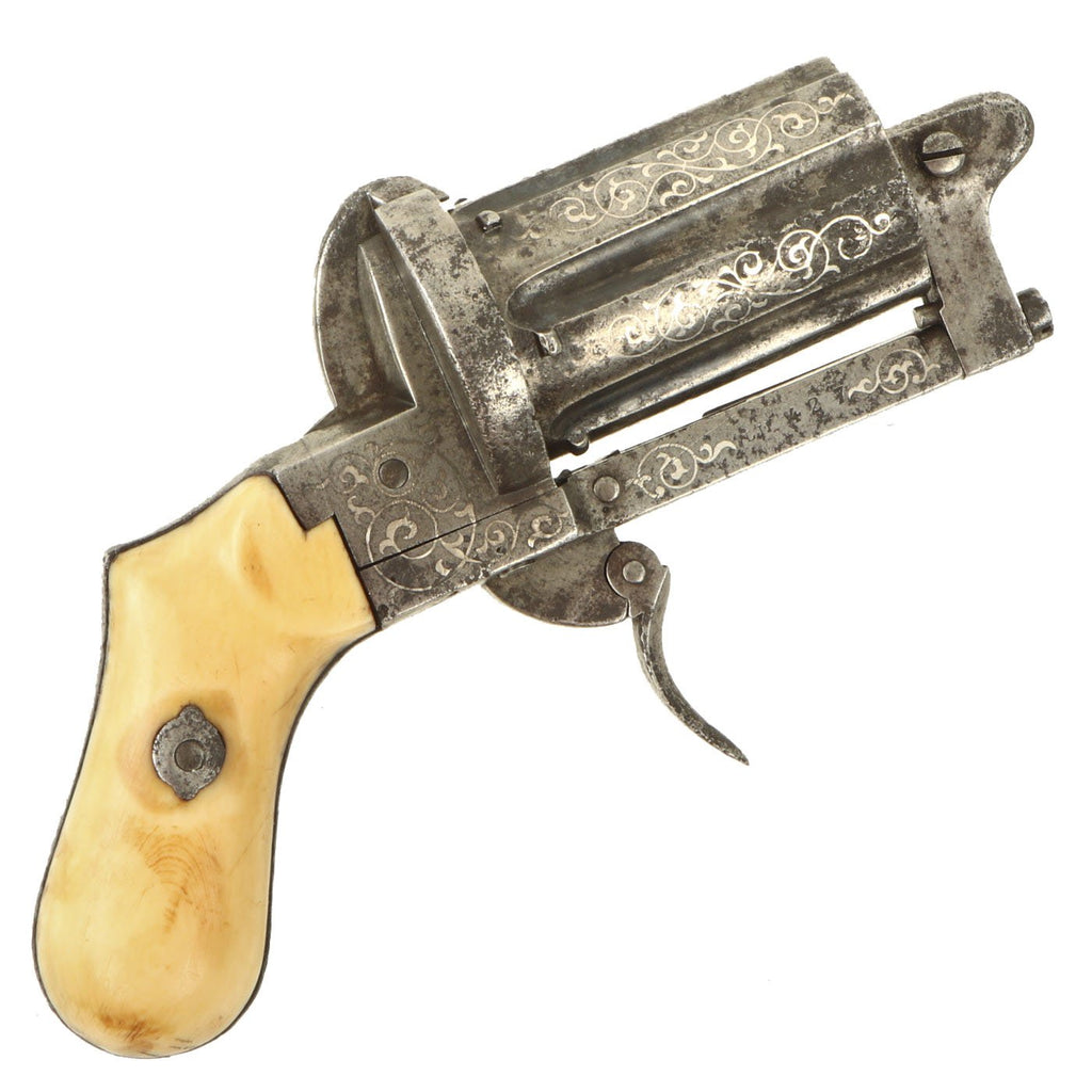 Original French Silver Inlaid 7mm Pinfire Pocket Pepperbox Revolver by J. Chaineux with Ivory Grips c. 1860 Original Items