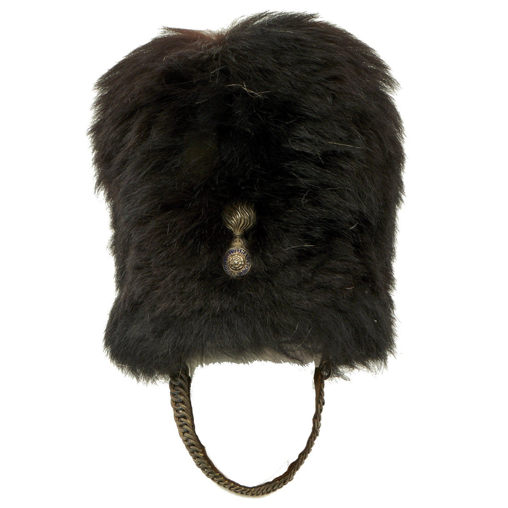 Original British 20th Century Royal Fusiliers Bearskin Helmet with Silver Chin Scales and Regimental Badge Original Items