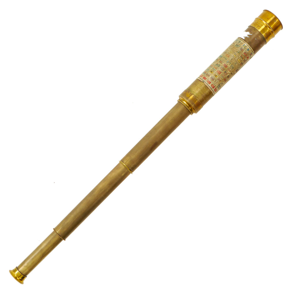 Original Early 20th Century Named French Three Draw Brass Naval Telescope with Attached Flag Chart Original Items