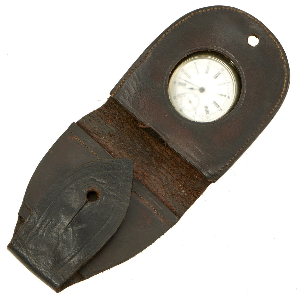 Original British Victorian Silver Pocket Watch in Sam Browne Leather Belt Carrier - Circa 1890 Original Items