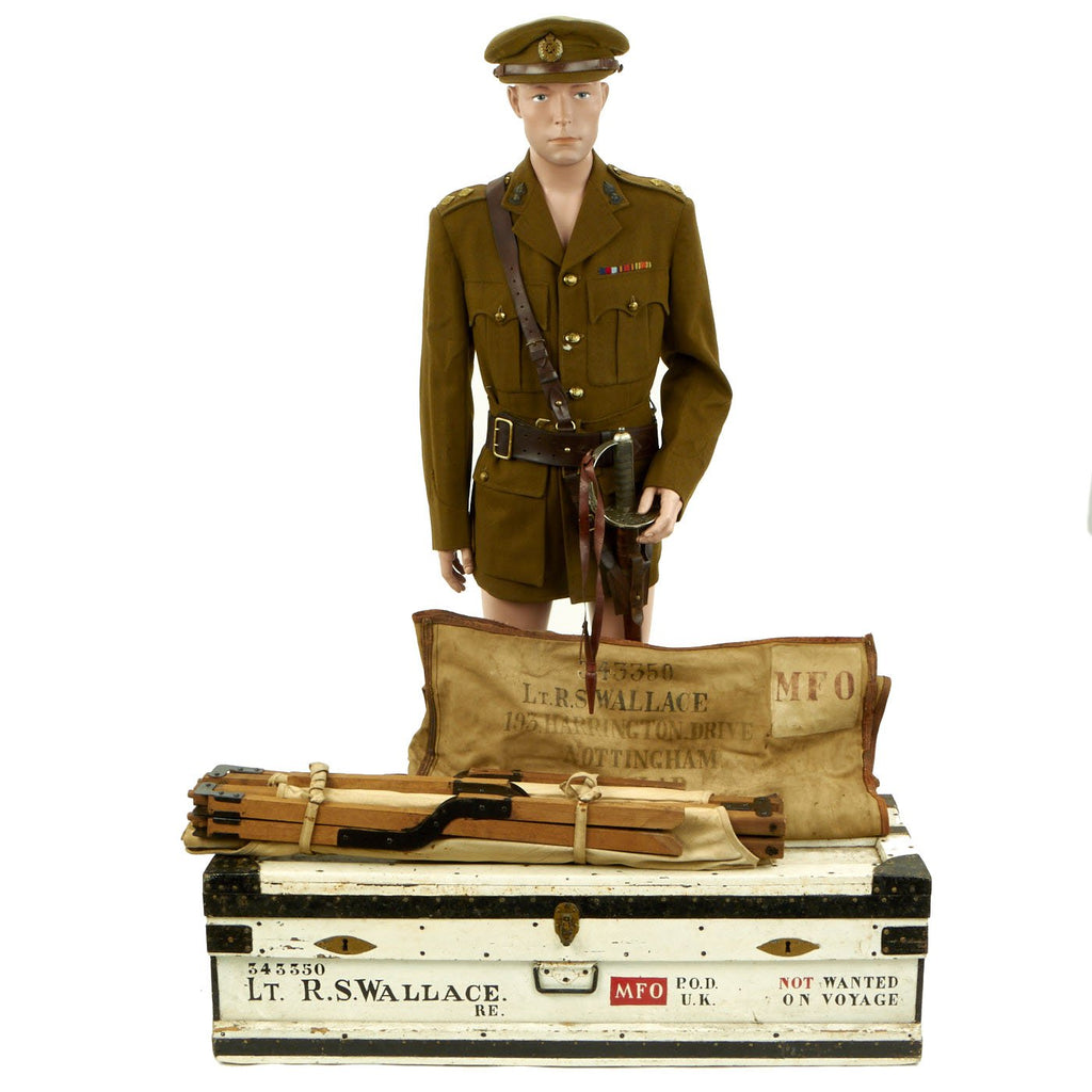 Original British WWII Named Royal Engineer Officer’s Grouping in Transit Trunk - Tunic, Cap, Cot, Documents & More Original Items