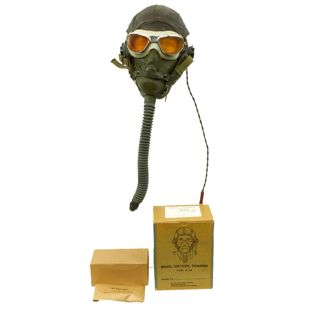 Original U.S. WWII Army Air Forces Aviator Flight Set - A-11 Flying Helmet with Earphones, AN6530 Goggles, A-14 Oxygen Mask Original Items