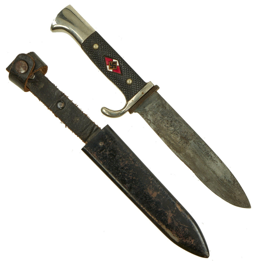 Original German WWII Early Motto-Marked HJ Knife by Rare Maker Carl August Meis with Scabbard Original Items