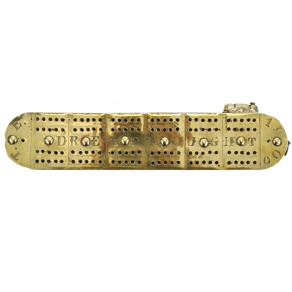 Original British WWI Royal Navy Trench Art Brass & Wood Cribbage Board marked DREADNOUGHT - dated 1906 Original Items