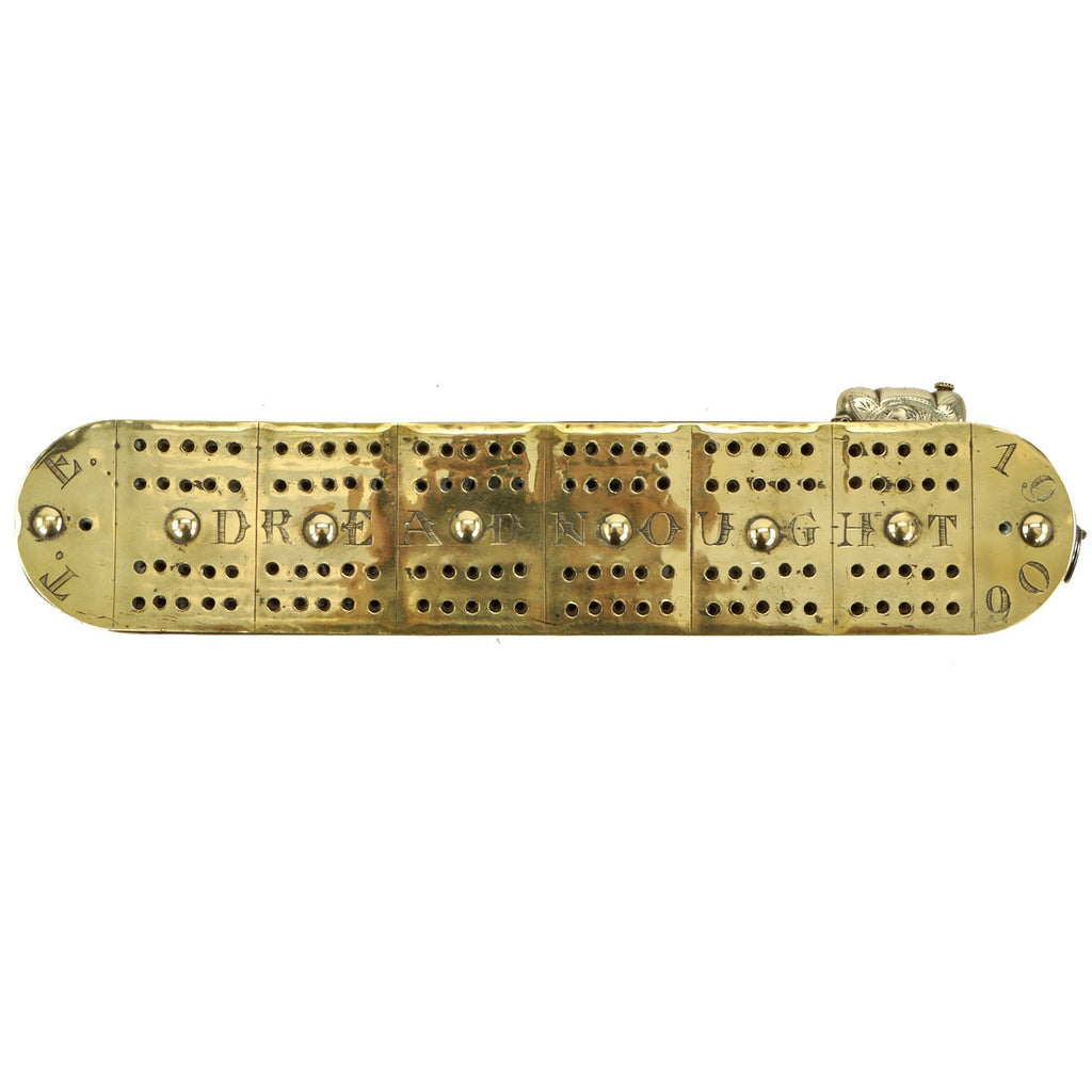 Original British WWI Royal Navy Trench Art Brass & Wood Cribbage Board marked DREADNOUGHT - dated 1906 Original Items