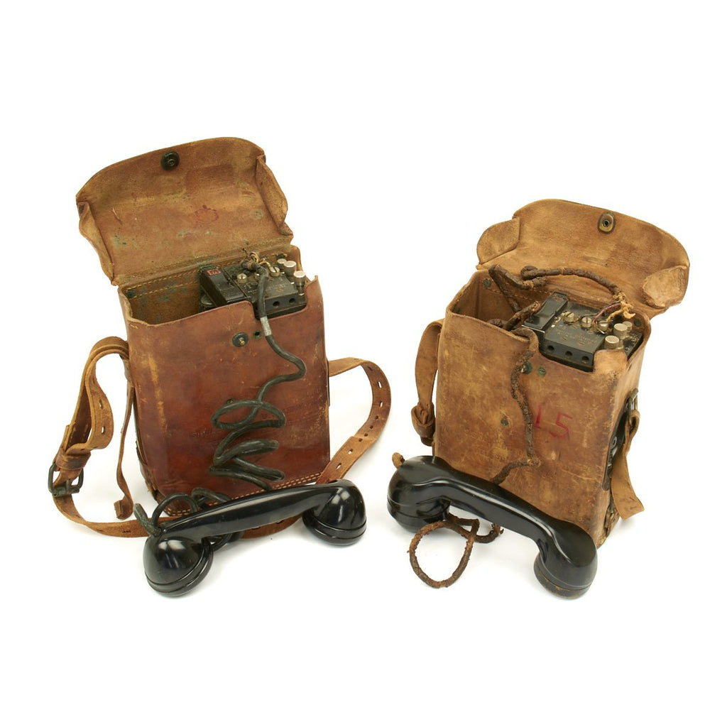 Original U.S. WWII Army Field Telephone Model EE-8 in Leather Case: (Set of 2) Original Items