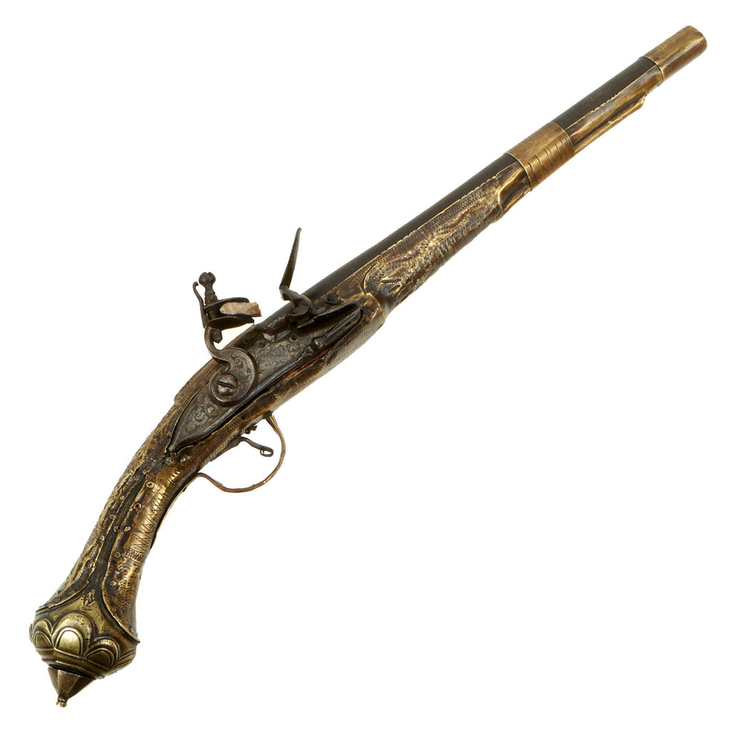 Original 19th Century Balkan Embossed Brass Clad Flintlock Mediterranean "Pirate" Pistol - circa 1820 Original Items