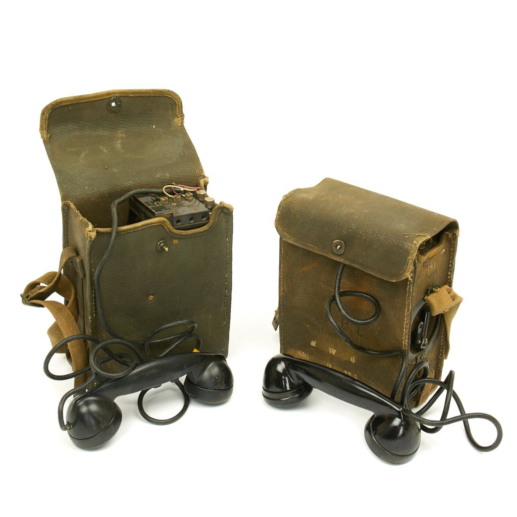 Original U.S. WWII Era Army Field Telephone Model EE-8 in Canvas Case: (Set of 2) Original Items