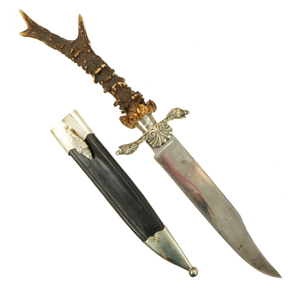 Original Early 20th Century German Antler Horn Hunting Knife - Nickel Silver Mounted with Scabbard Original Items