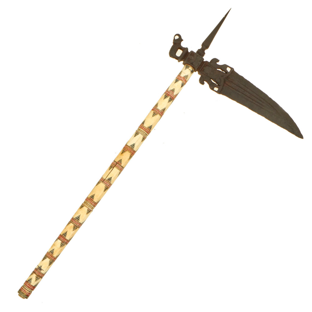 Original Ornate Indian 17th-18th Century Mughal Zahgnal Battle Axe with Decorated Bone Handle Original Items