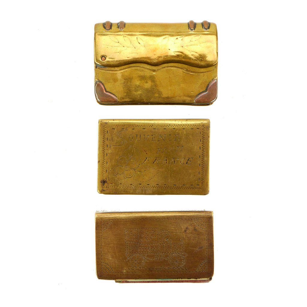 Original French WWI Brass Trench Art Lighter and Matchbox Holder Set - 3 Items Original Items