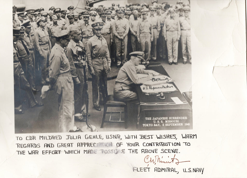 Original U.S. WWII USN Fleet Admiral Chester W. Nimitz Signed Photograph of the Japanese Surrender on the U.S.S Missouri - Tokyo Bay, September 2, 1945 Original Items