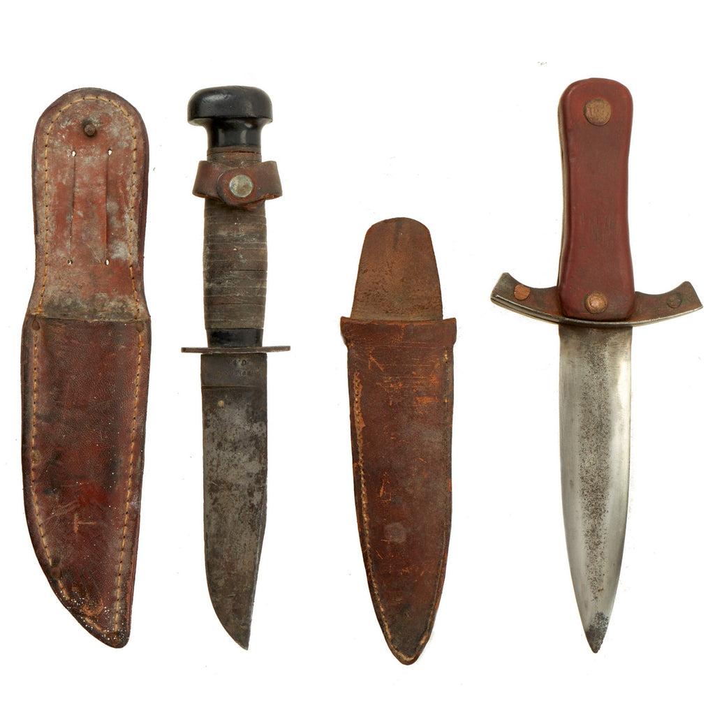 Original U.S. WWII Fighting Knife Set of Two Lot - USN Mark 1 Fighting Knife by Henry Boker & Co and Cuustom Made Original Items