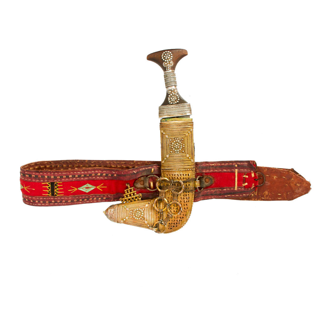 Original 19th Century Arabian Jambiya Dagger with Heavily Decorated Scabbard and Later Period Belt Original Items