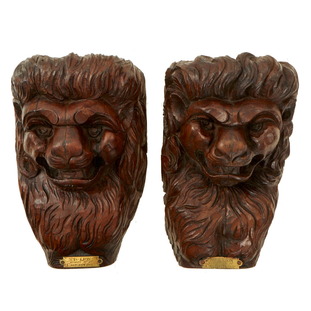 Original Napoleonic Pair of British Naval Carved Oak Lion’s Heads Removed from H.M.S. LION in 1837 Original Items