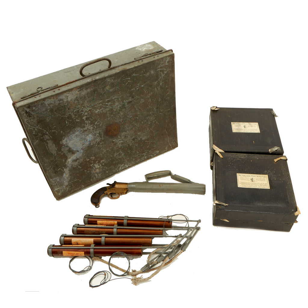 Original British Pre-WWII Schermuly Pistol Rocket Apparatus Rescue Line Thrower Set in Case - Serial No 10587 Original Items