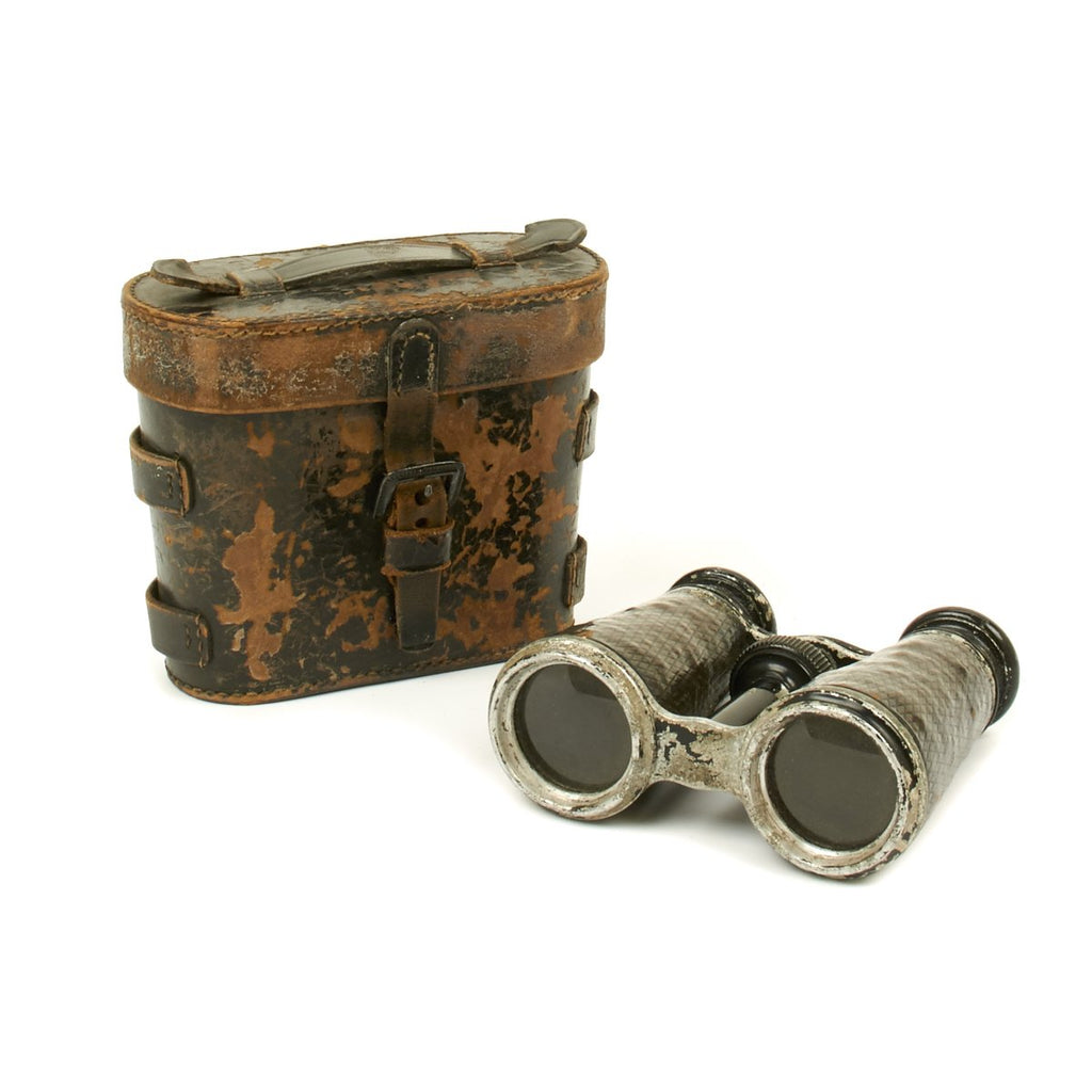 Original German WWI Officer Field Glasses in Late War Black Leather Case Original Items