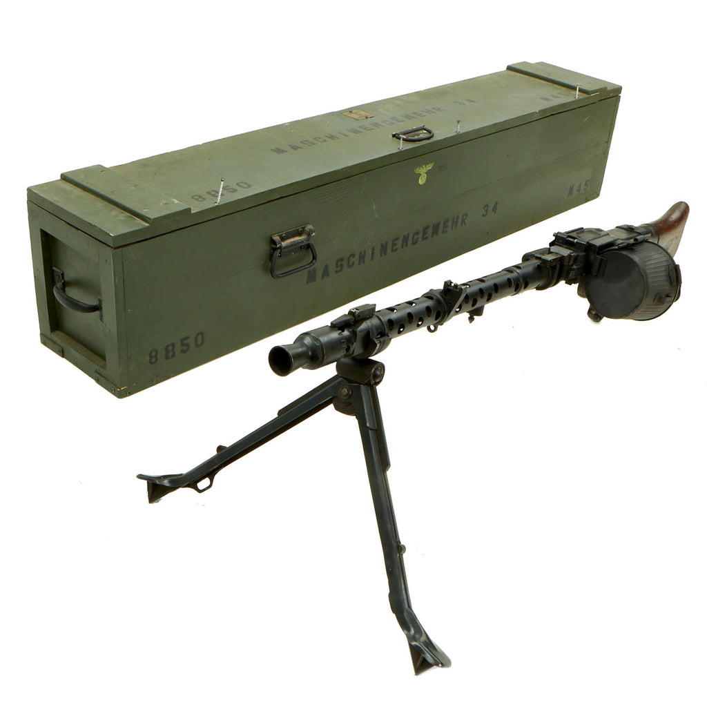 Original German WWII 1945 dated MG 34 Display Machine Gun by Waffenwerke Brünn with Accessories in Custom Transit Chest Original Items