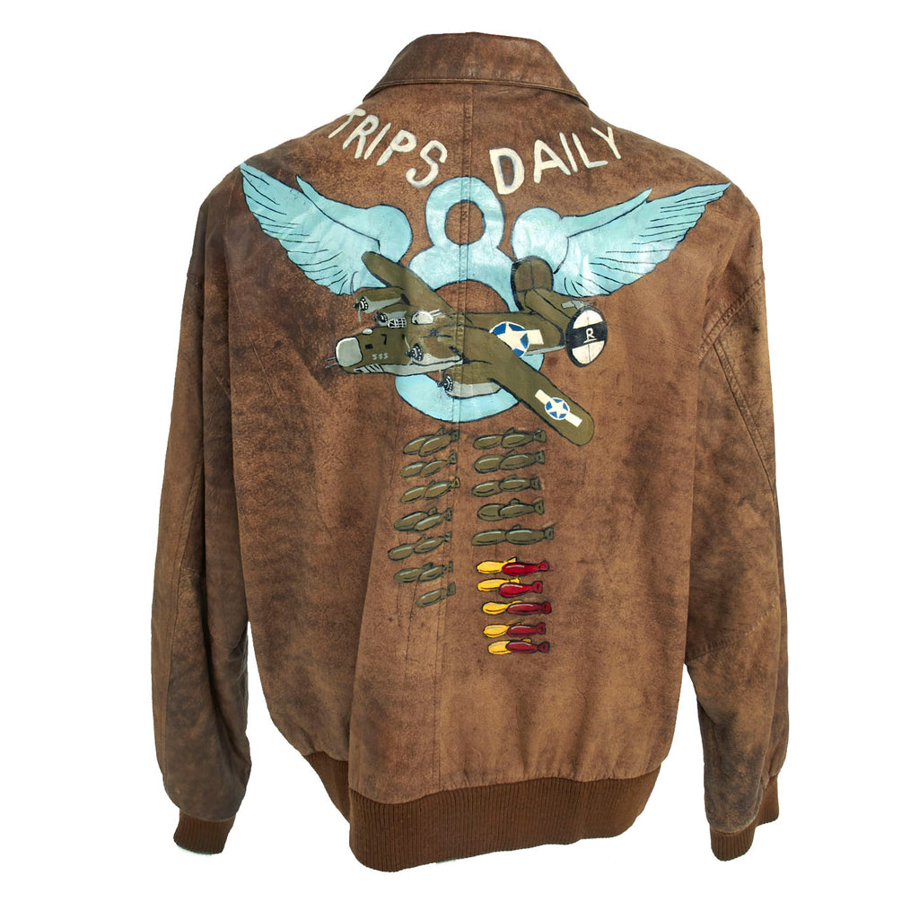 U.S. WWII A-2 Style Museum Quality Reproduction 8th Air Force 392nd Bomb Group 577 Squadron B-24 “Trips Daily” Hand Painted Leather Jacket - Size XL New Made Items