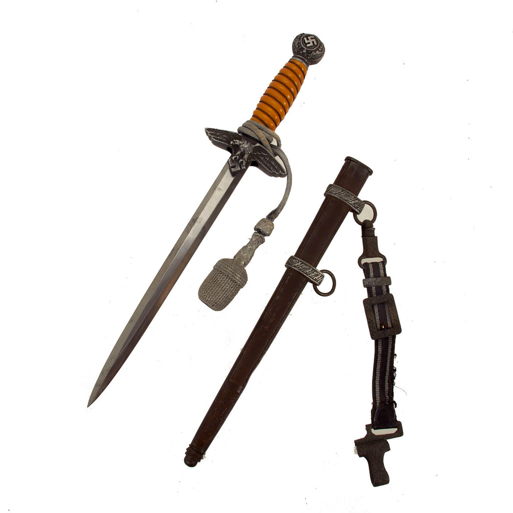 Original German WWII 2nd Model Luftwaffe Dagger by P.D. Lüneschloss with Scabbard, Partial Hanger, & Portepee Original Items