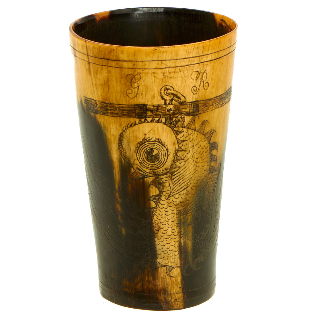 Original British Napoleonic Royal Navy Horn Drinking Beaker with Scrimshaw “Sea Monster” under G.R. & Trafalgar Tribute Original Items