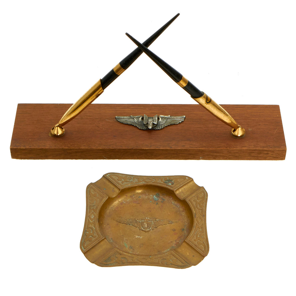 Original U.S. WWII Trench Art Stamped Ashtray With Senior Pilot Wings & Wood Base Pen Stand With Aerial Gunner Wings - 2 Items Original Items