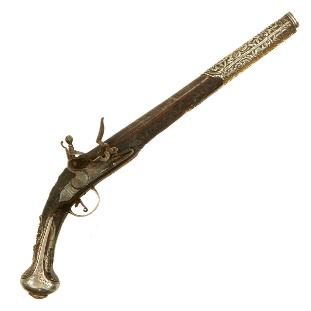 Original 19th Century Ottoman Silver Mounted Flintlock Holster Pistol with Wire Inlaid & Engraved Stock - Circa 1805 Original Items