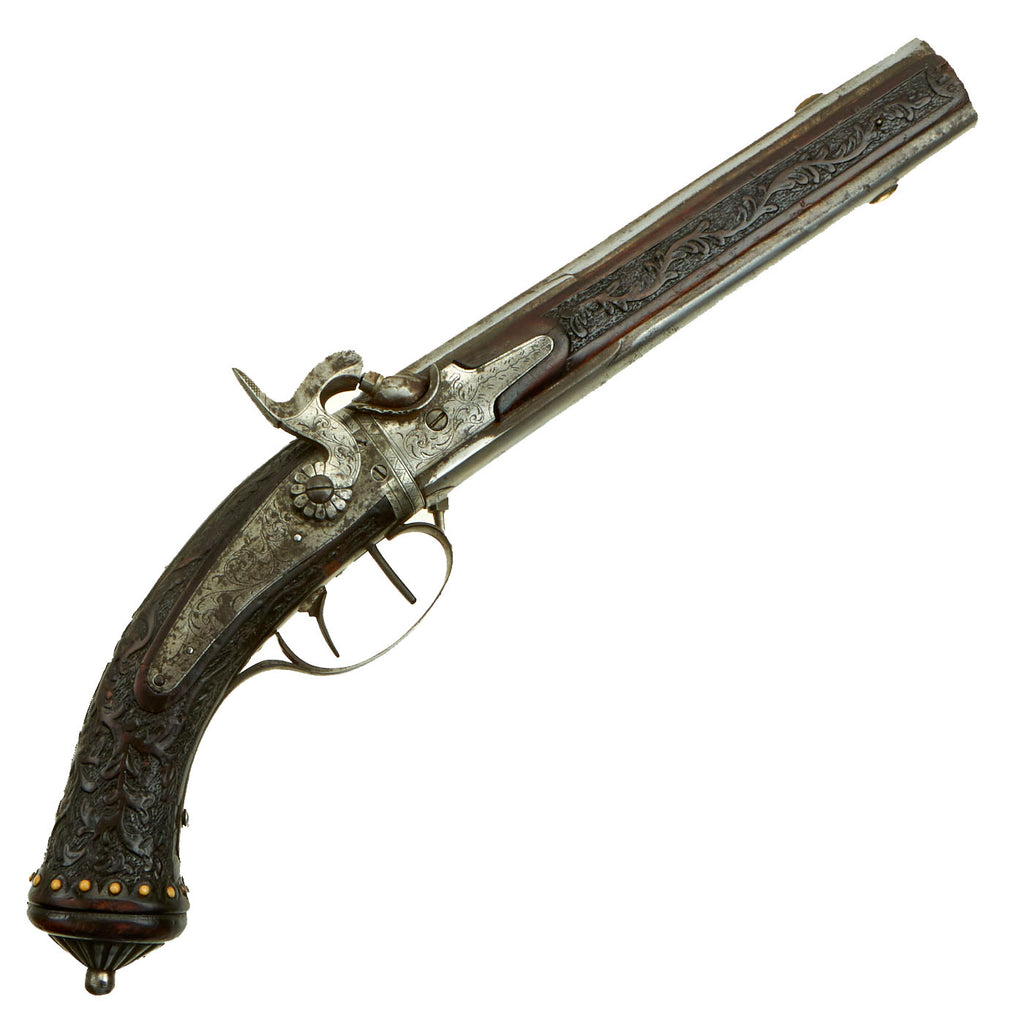 Original French Double Barrel Turnover Percussion Pistol with Carved Wood Stock - Possibly Converted from Flintlock Original Items