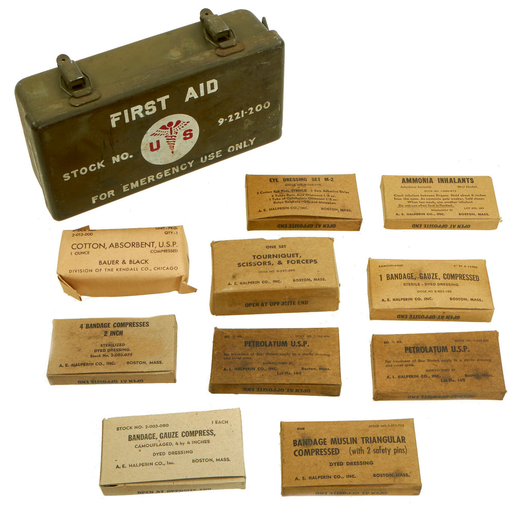 Original U.S WWII Jeep Emergency First Aid Kit (12 Unit) - Complete Unissued Original Items