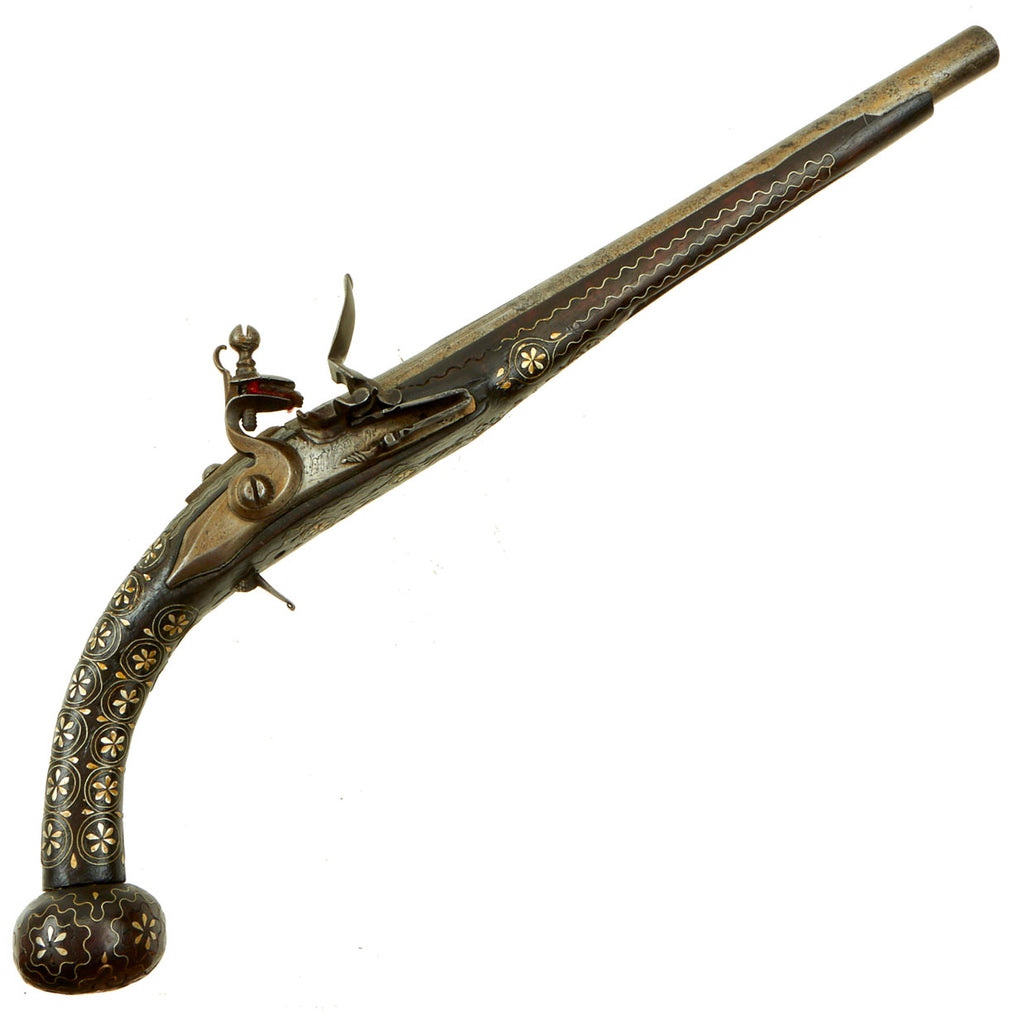 Original Early 19th Century Ottoman Flintlock Ball Butt Pistol with Wire Inlaid Stock - Circa 1800 Original Items