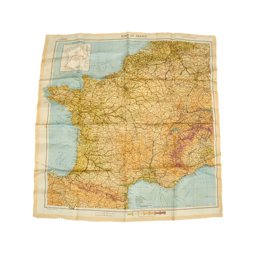 Original U.S. WWII Airborne "Zones of France" D-Day Silk Map - Dated March 1944 - WEA Western European Area Original Items