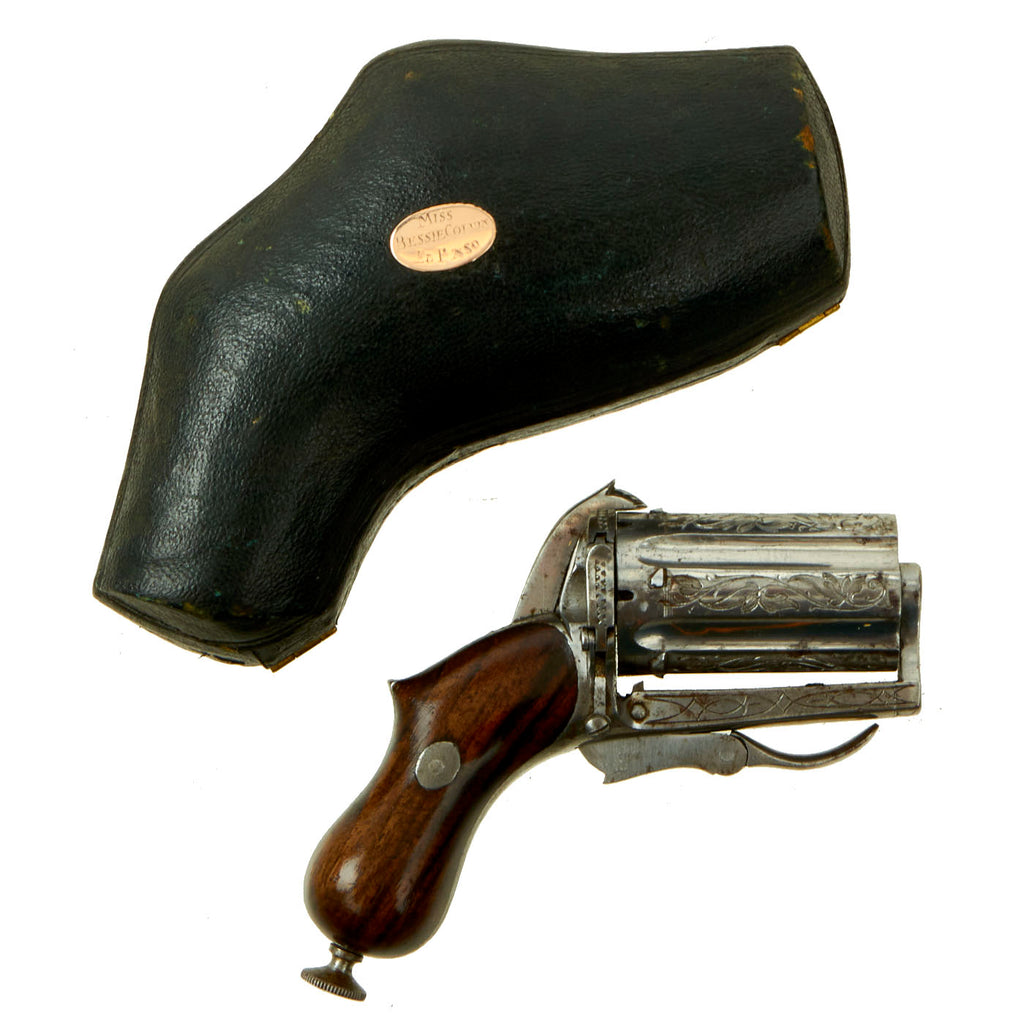 Original French 7mm Pinfire Engraved Pocket Pepperbox Revolver in Leather Case Named to Miss Bessie Colvin of El Paso, Texas - circa 1875-1885 Original Items