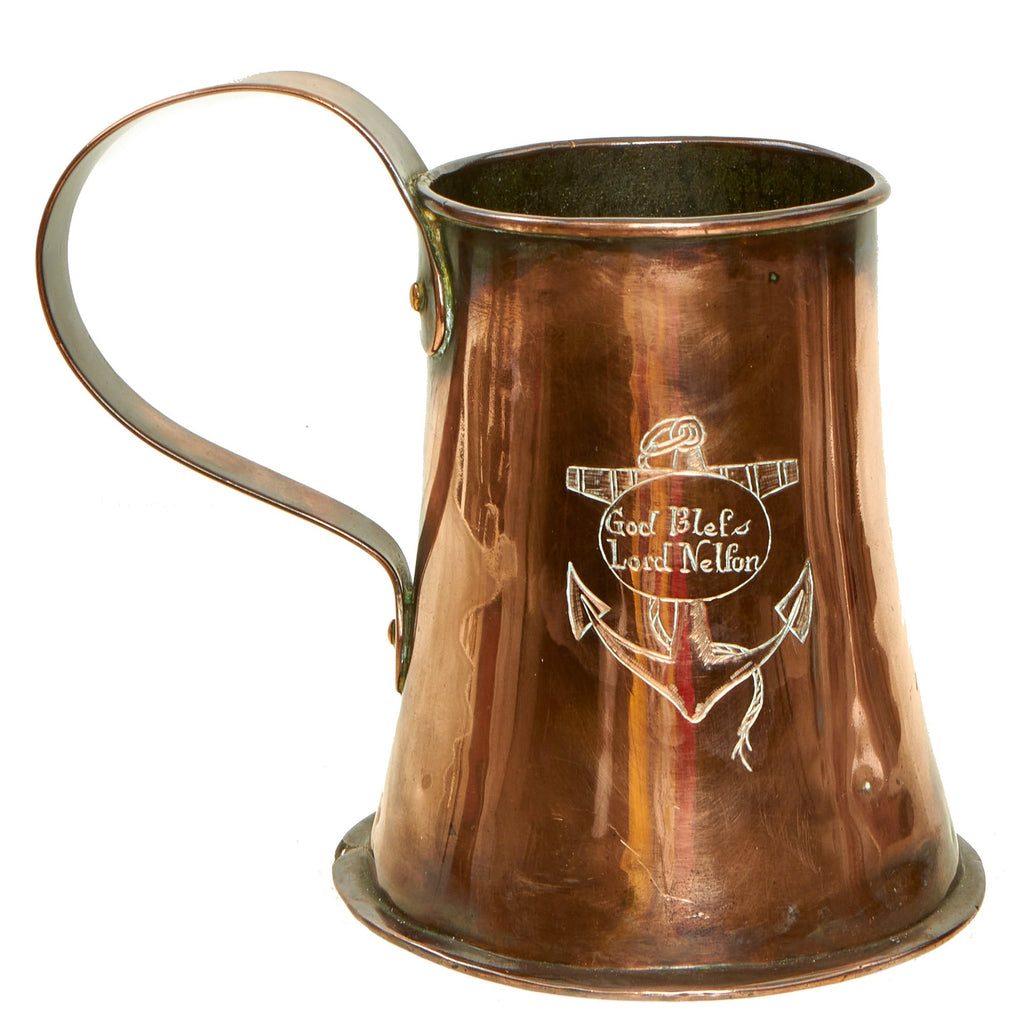 Original British Napoleonic Royal Navy Very Large Copper Quart Tankard marked "God Bless Lord Nelson" with Fouled Anchor Original Items