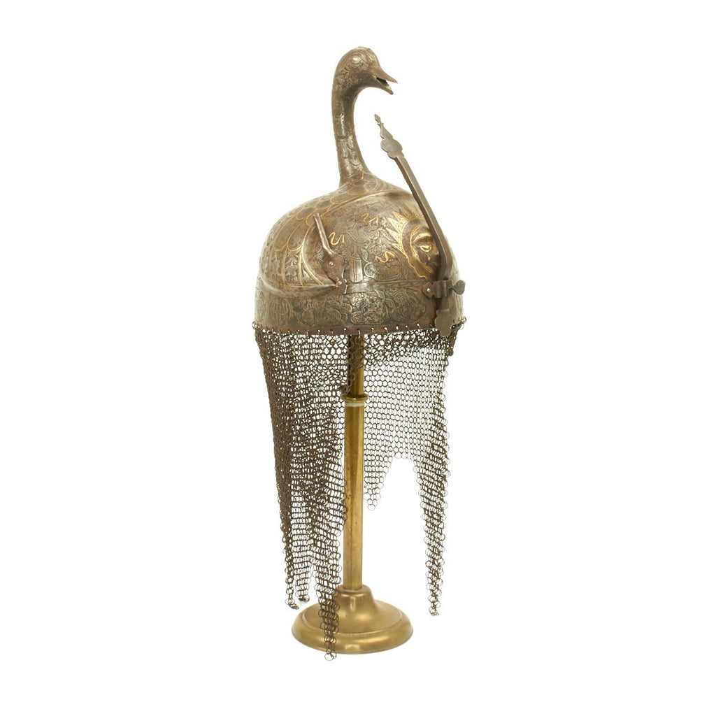 Original Persian Gold & Silver Inlaid Qajr Kulah Khud Peacock Head Crest War Helmet circa 1790-1820 Original Items