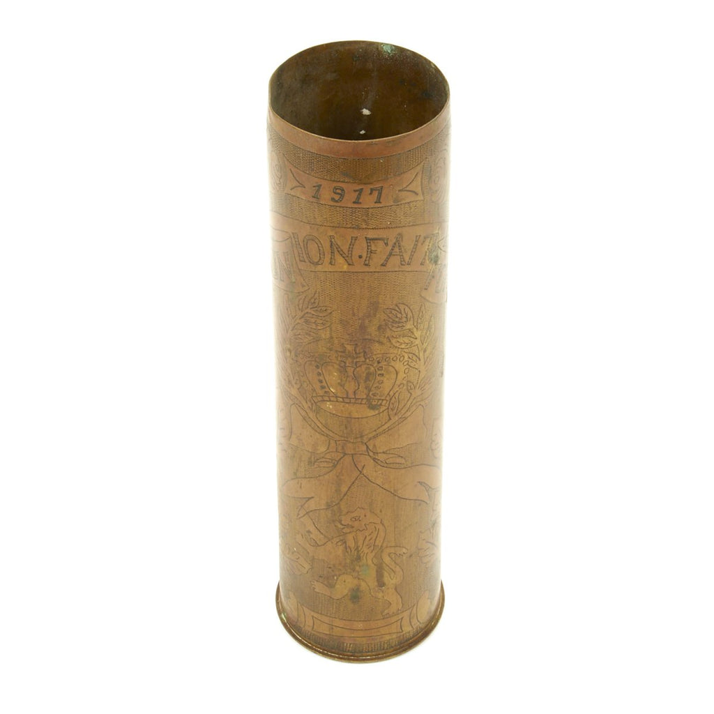 Original French WWI Trench Art Engraved 75mm Brass Artillery Shell dated 1914 Original Items