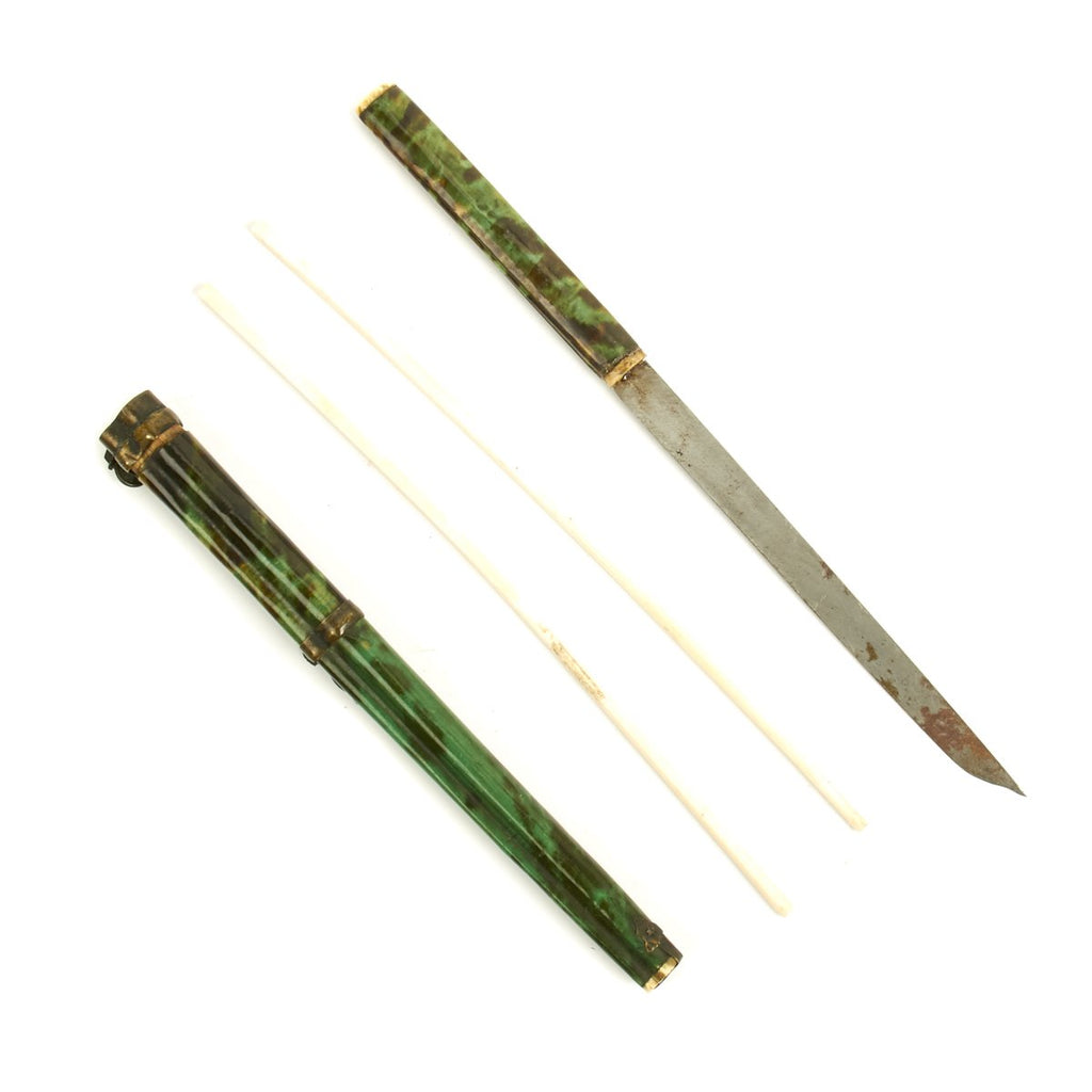 Original Japanese WWII Officer's Green and Black Lacquered Trousse Chopstick and Knife Set Original Items