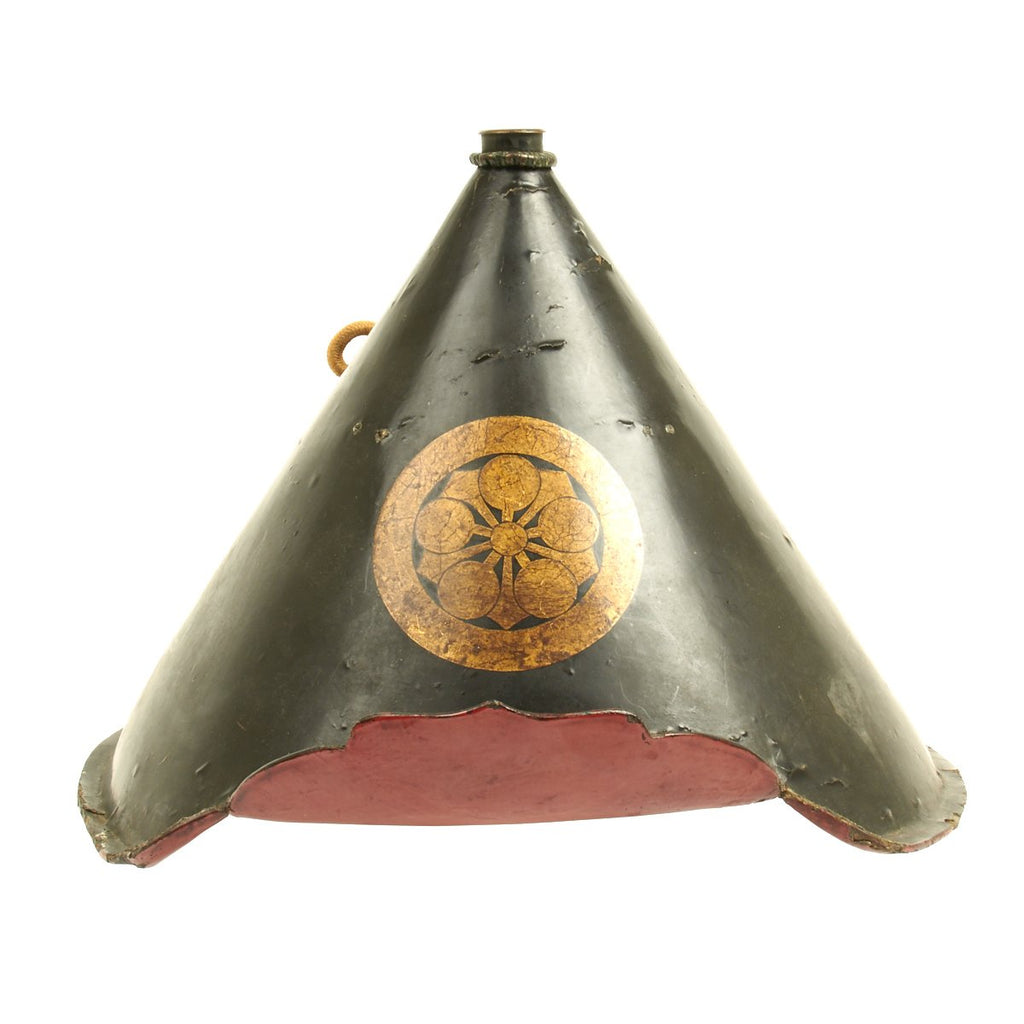 Original Japanese 19th Century Lacquered Jingasa Helmet with Family Crest and Tassel c.1850 Original Items