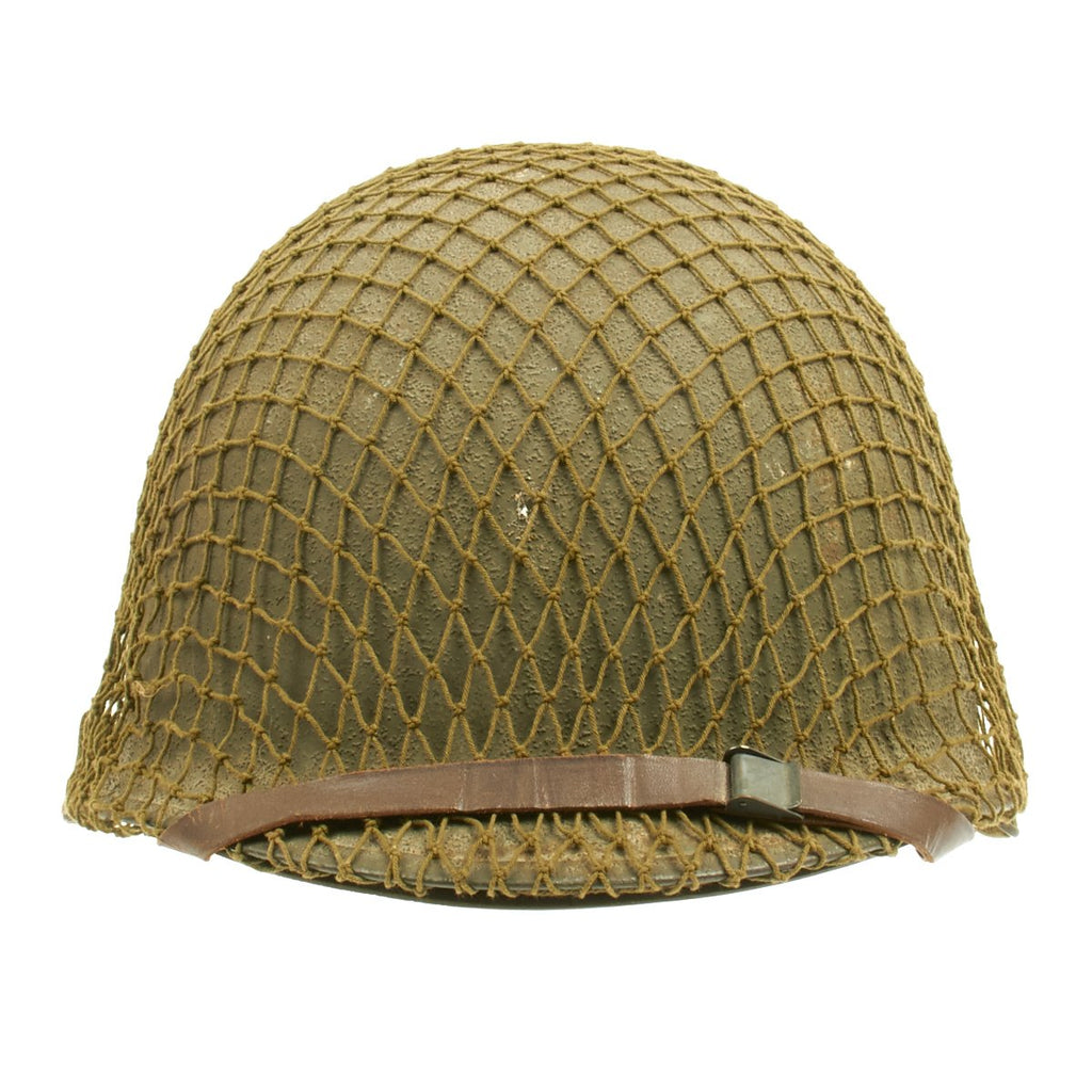 Original U.S. WWII M1 McCord Front Seam Helmet with Net and Firestone Liner Original Items