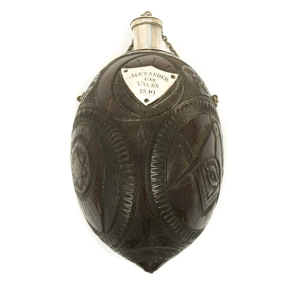 Original U.S. California Gold Rush Carved Coconut Shell Flask named to Alexander Van Valen - Dated 1849 Original Items