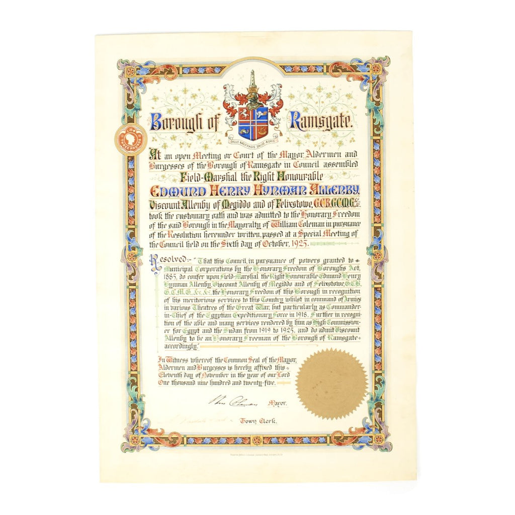 Original British Post-WWI Vellum Proclamation regarding Field Marshal Viscount Edmund Allenby Original Items