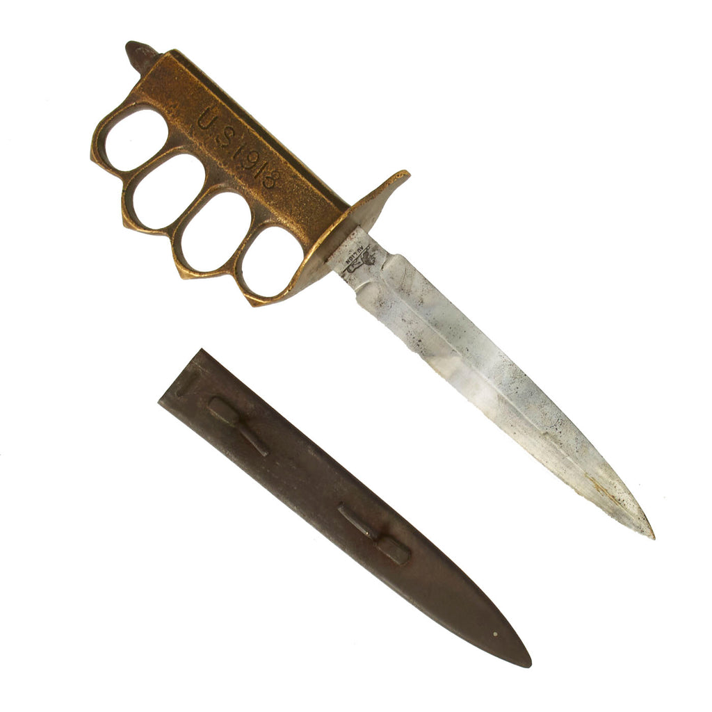 Original U.S. WWI Model 1918 Mark I Trench Knife by AU LION with Steel Scabbard Original Items