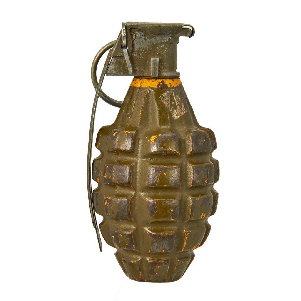 Original U.S. WWII MkII Green Overpainted Yellow Early War High Explosive Pineapple Grenade - Inert Original Items