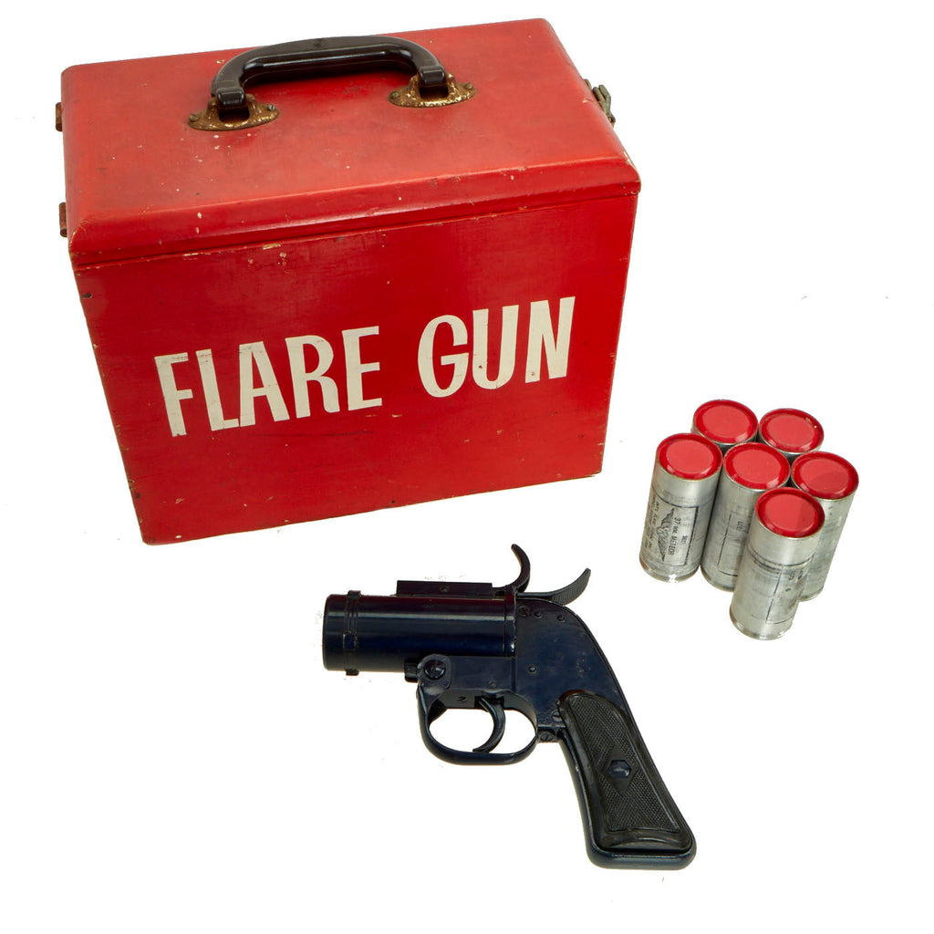 Original U.S. WWII M8 Pyrotechnic 37mm Flare Signal Pistol by Eureka Vacuum With Flares & Transit Box - Serial E-081269 Dated 1943 Original Items
